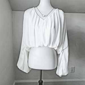 Zara White Satin Long Sleeve Pleated Gathered V-Neck Crop Top